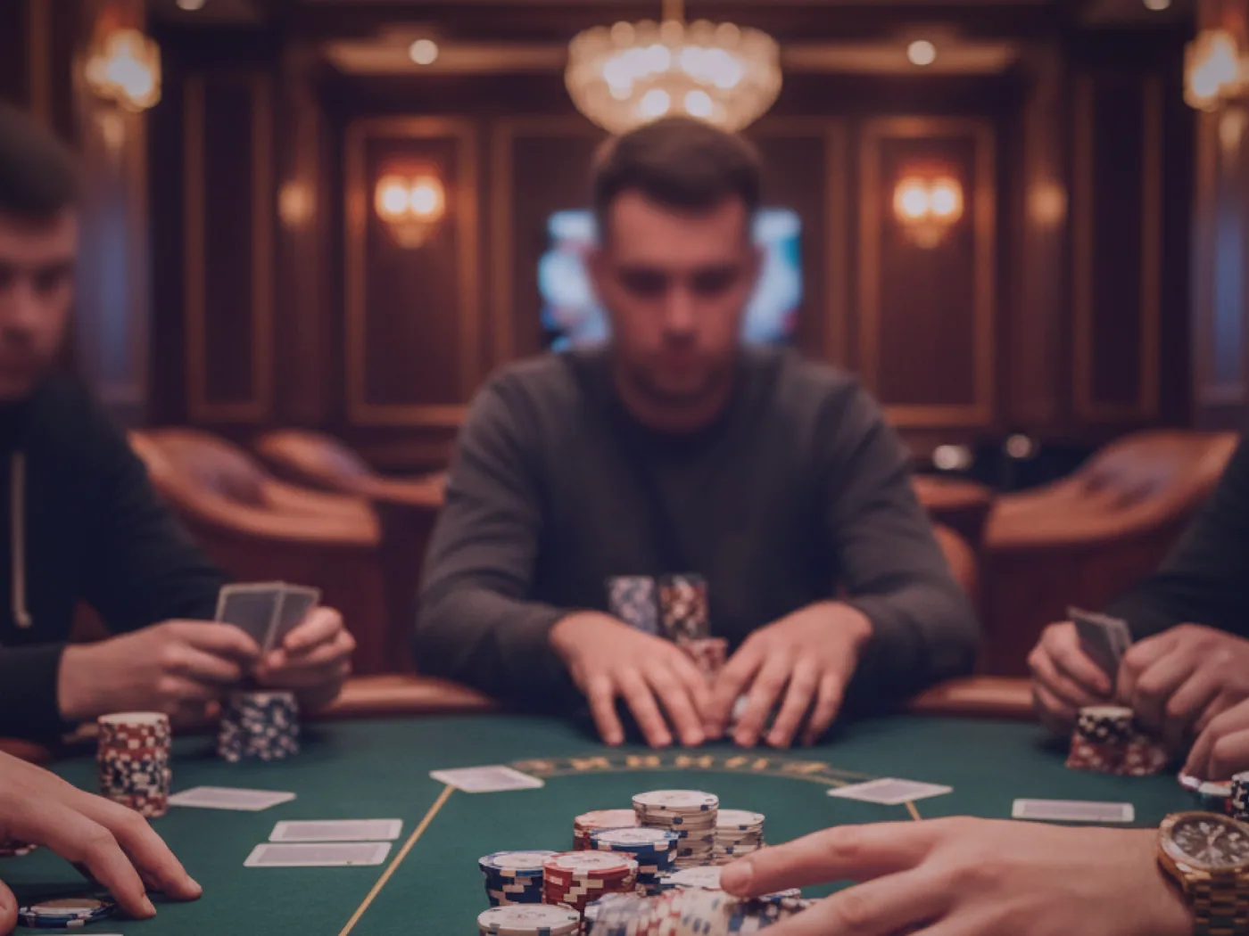 A house dealer’s hands mid-deal across green baize, cards fanned beside a stack of house chips.